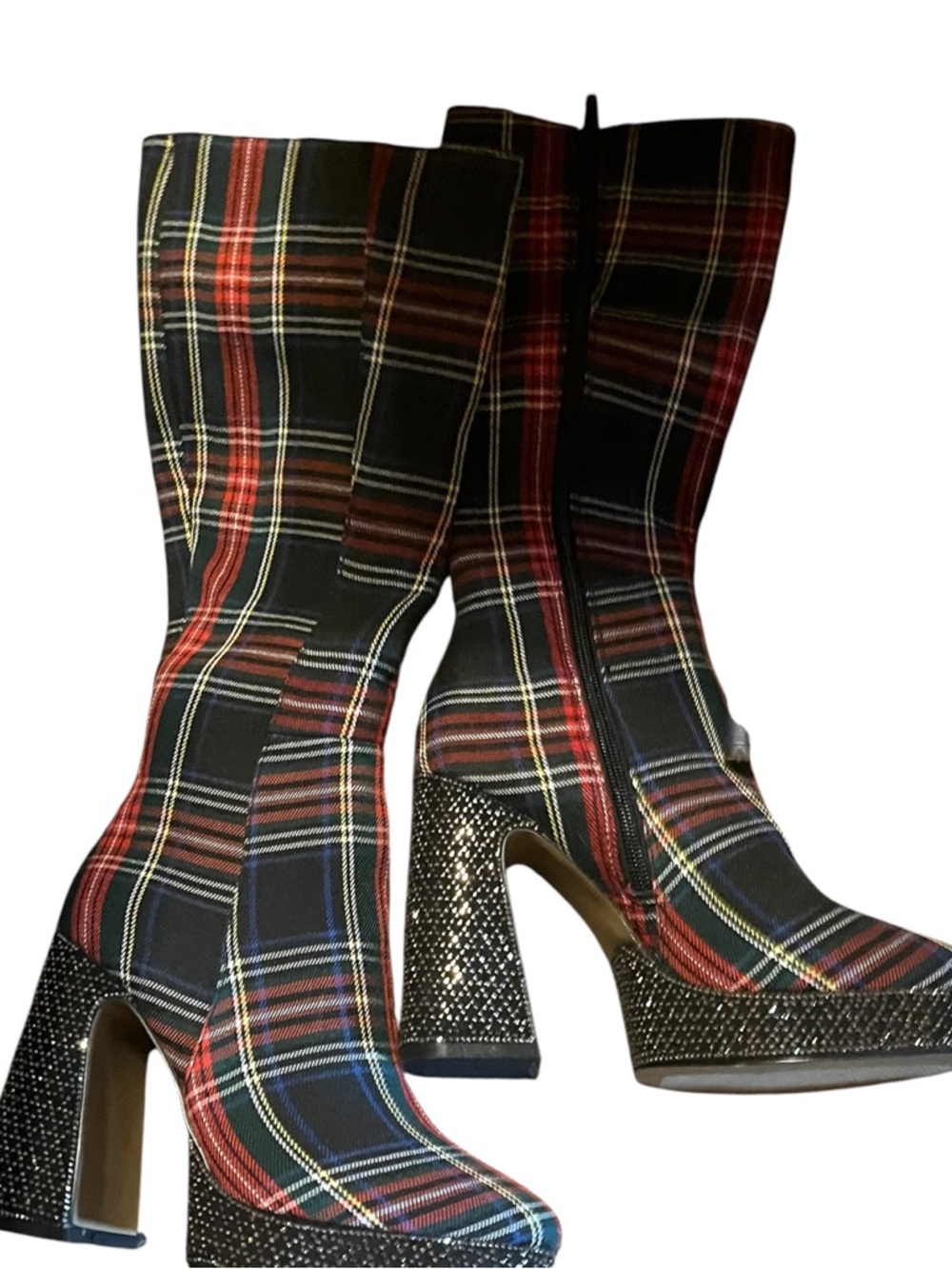Betsey Johnson Plaid Tall Boot with Glitter Block Heel - Black Red Plaid